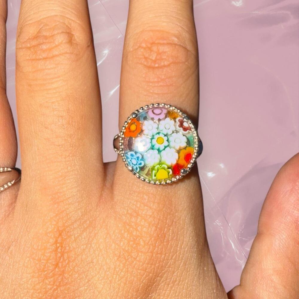 Y2K whimsy 925 Sterling Silver rainbow floral Italian Murano glass ring
